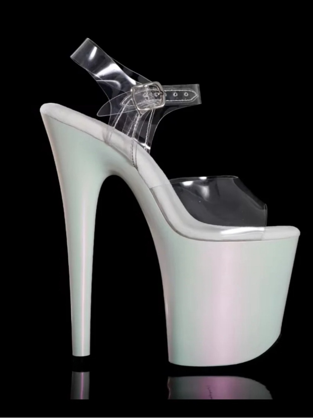 Iridescent White Platform Stiletto Heels with Clear Straps